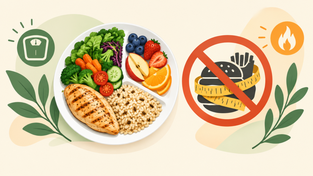 Prato equilibrado com alimentos naturais ao lado de dieta restritiva cortada, mitos sobre emagrecimento